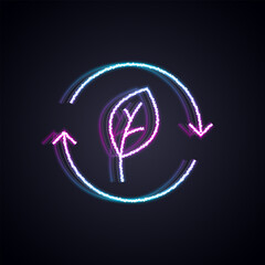 Poster - Glowing neon line Recycle symbol with leaf icon isolated on black background. Circular arrow icon. Environment recyclable go green. Vector