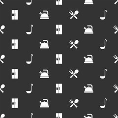 Poster - set crossed fork and spoon, kitchen ladle, refrigerator and kettle with handle on seamless pattern. 