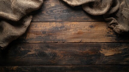Wall Mural - rustic table: a high-angle shot of a rustic wooden table with a textured fabric draped across its ed