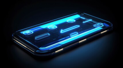 Poster - illuminated smartphone: a futuristic, transparent smartphone with a glowing blue interface, set agai