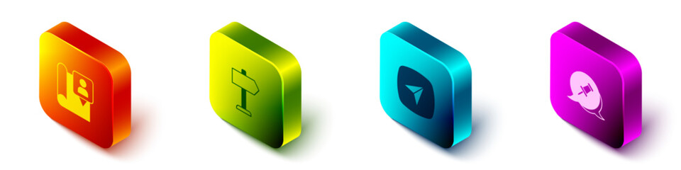 Poster - Set Isometric Folded map with location marker, Road traffic sign, City navigation and Push pin icon. Vector