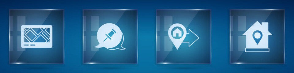 Poster - Set Gps device with map, Push pin, Location house and . Square glass panels. Vector