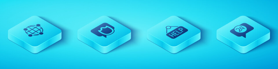 Poster - Set Isometric Global technology, Speech bubble chat, Telephone 24 hours support and Signboard with text Help icon. Vector