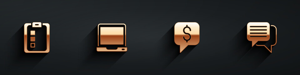 Poster - set online quiz, test, survey, laptop, paid support and speech bubble chat icon with long shadow. ve