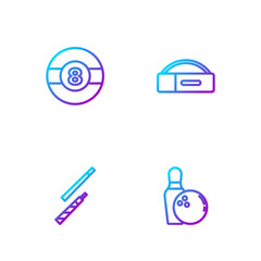 Poster - Set line Bowling pin and ball, Billiard cue, and Case for billiard. Gradient color icons. Vector