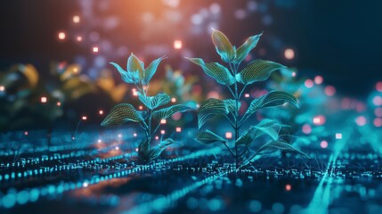 Poster - Digital sprouts: A close-up of vibrant young plants, emerging from a circuit board, surrounded by shimmering particles, symbolizing the intersection of technology and nature.