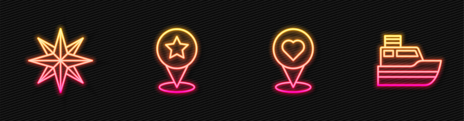 Poster - set line location with heart, wind rose, map pointer star and ship line path. glowing neon icon. vec