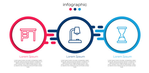 Poster - Set line Office desk, Table lamp and Old hourglass. Business infographic template. Vector