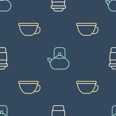 Poster - set line cup of tea, and kettle with handle on seamless pattern. vector