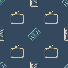 Poster - set line portable video game console, suitcase and cinema ticket on seamless pattern. vector