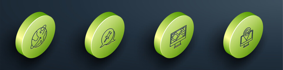 Poster - set isometric line satellites orbiting the earth, push pin, monitor with map location and icon. vect