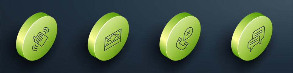 Poster - Set Isometric line Mobile phone, Stacks paper money cash, Declined or missed call and Speech bubble chat icon. Vector