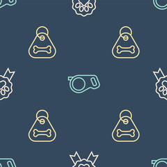 Poster - Set line Pet award symbol, Dog collar with bone and Retractable cord leash on seamless pattern. Vector