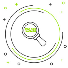 Poster - Line Magnifying glass and taxi car icon isolated on white background. Taxi search. Colorful outline concept. Vector