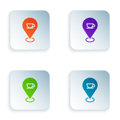 Poster - Color Location with coffee cup icon isolated on white background. Set colorful icons in square buttons. Vector