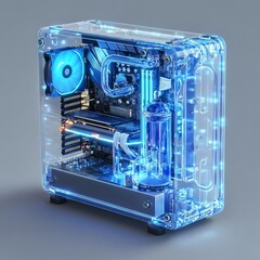Leinwandbilder - Custom-built high-performance PC with liquid cooling system and transparent case, enhanced with vibrant blue LED lighting.