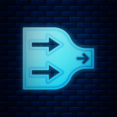 Poster - Glowing neon Arrow icon isolated on brick wall background. Direction Arrowhead symbol. Navigation pointer sign. Vector