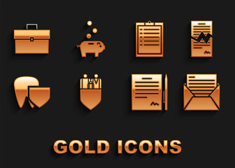 Poster - Set Family insurance with shield, Torn contract, Mail and e-mail, Contract pen, Tooth, Clipboard checklist, Briefcase and Piggy bank coin icon. Vector