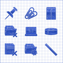 Poster - Set Laptop and cross mark on screen, Folder settings with gears, Ruler, Scotch, Delete file document, folder, Envelope and Push pin icon. Vector