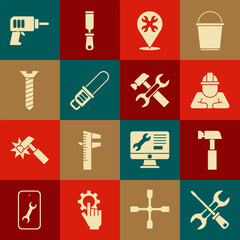 Poster - Set Screwdriver and wrench, Hammer, Builder, Location with, Chainsaw, Metallic screw, Electric drill machine and icon. Vector