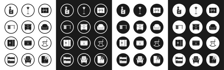 Poster - Set Wardrobe, Furniture nightstand, Office desk, with lamp, Armchair, Floor, and icon. Vector