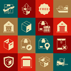 Poster - Set Forklift truck, Delete envelope, Warehouse, rice tag with Free, Carton cardboard box, Plane and and Cardboard calendar icon. Vector