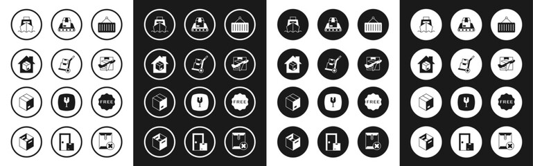 Poster - Set Container on crane, Hand truck and boxes, Home delivery services, Cargo ship with, Plane cardboard, Conveyor belt, rice tag Free and Carton icon. Vector