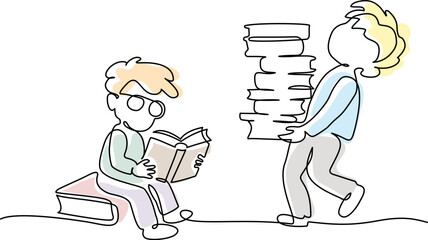 Wall Mural - two boys pupils sitting and standing with books in library. students are preparing for lesson