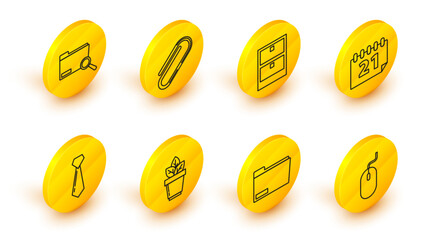 Poster - Set line Computer mouse, Document folder, Flowers in pot, Tie, Calendar, Archive papers drawer, Paper clip and Search concept with icon. Vector