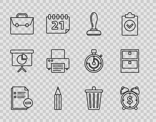 Poster - set line document with minus, alarm clock dollar symbol, stamp, pencil, briefcase, printer, trash ca
