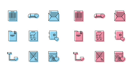 Poster - Set line Judge gavel with shield, Delete file document, Report, Shopping building, Document graph chart, Safe, Personal folder and Delivery cargo truck icon. Vector