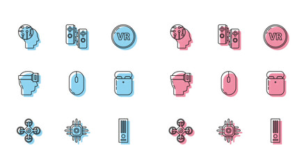 Poster - Set line Drone, Processor, Human brain as digital circuit board, Video game console, Computer mouse, Air headphones box, Virtual reality glasses and Gamepad icon. Vector