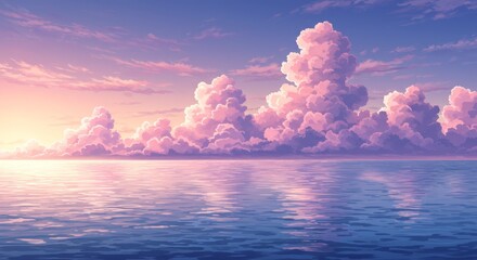 Wall Mural - tranquil sunset seascape anime cloudscape - peaceful anime sunset over calm ocean, symbolizing seren