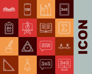 Poster - Set line Graph, schedule, chart, diagram, Test or exam sheet, Geometric figure Square, XYZ Coordinate system, Mathematics function sine, Mobile calculator interface and Equation solution icon. Vector