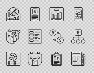 Poster - set line pie chart infographic, stock market news, bear, stocks growth graphs, business finance repo