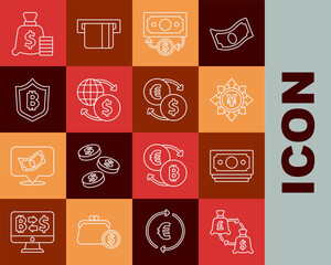 Poster - Set line Currency exchange, Stacks paper money cash, Coin with Yen, Money, Shield bitcoin, bag and icon. Vector