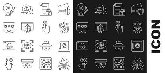 Poster - Set line Smart key, Safe, Shield, Document and lock, Browser with shield, Password protection, Ringing alarm bell and Fingerprint icon. Vector