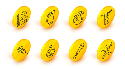 Poster - Set line Murder, Baseball bat with nails, Poison in bottle, Syringe, Money laundering, Bandit, Hand grenade and Suspect criminal icon. Vector