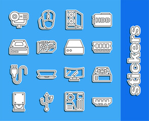 Poster - Set line RAM, random access memory, Computer cooler, Case of computer, Video graphic card, Optical disc drive, Web camera and Server, Data, Hosting icon. Vector