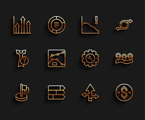 Poster - Set line Flag, Pie chart infographic, Arrow, Dollar symbol, Graph, chart, diagram, Location and Wrench and gear icon. Vector