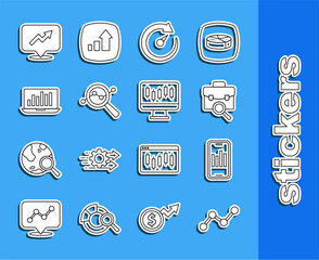 Poster - Set line Graph chart infographic, Mobile with, Work search, Digital speed meter, Search data analysis, Laptop, Financial growth and Stocks market graphs icon. Vector