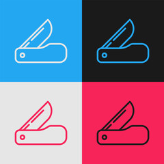 Poster - Pop art line Swiss army knife icon isolated on color background. Multi-tool, multipurpose penknife. Multifunctional tool. Vector