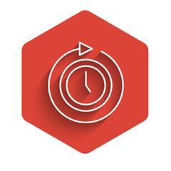 Poster - White line Clock with arrow icon isolated with long shadow. Time symbol. Clockwise rotation icon arrow and time. Red hexagon button. Vector