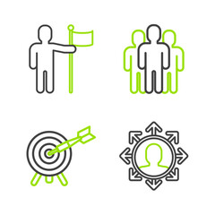 Poster - Set line Project team base, Target with arrow, Users group and Man holding flag icon. Vector