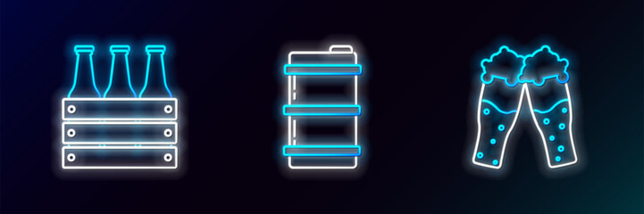 Poster - set line glass of beer, pack bottles and metal keg icon. glowing neon. vector