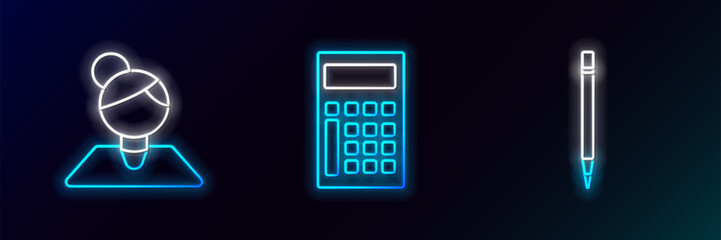 Poster - set line pencil with eraser, teacher and calculator icon. glowing neon. vector