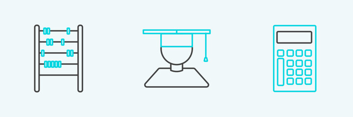 Poster - Set line Calculator, Abacus and Graduate and graduation cap icon. Vector