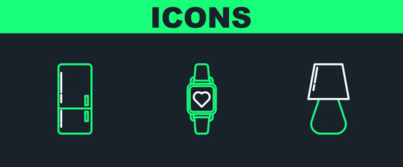 Poster - Set line Table lamp, Refrigerator and Smart watch showing heart beat rate icon. Vector