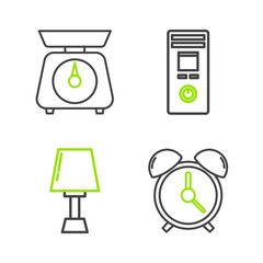 Poster - Set line Alarm clock, Table lamp, Remote control and Scales icon. Vector