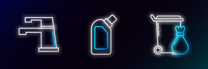 Poster - set line trash can, water tap and plastic bottles for liquid dishwashing liquid icon. glowing neon. 